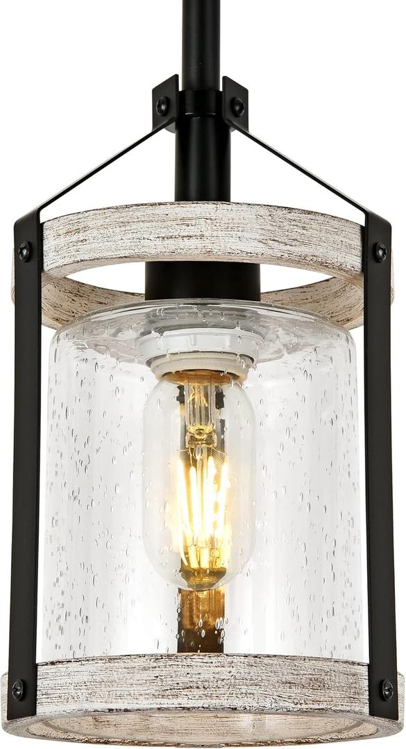 Farmhouse Pendant Light, Seeded Glass Kitchen Light with Metal Cage, Rustic Hanging Pendant Lighting Fixture with Distressed Wood Finish, Modern Farmhouse Island Light for Dining Room, Foyer (White-2)