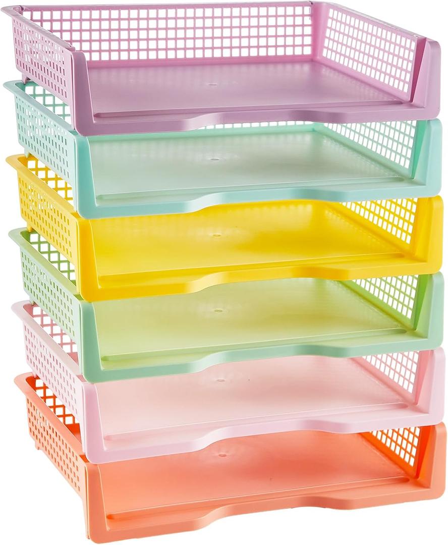 gisgfim 6 Pack Plastic Turn in Paper Trays for Classroom Pastel Storage Bin Basket Organizers for School Teacher Supplies Classroom Office Home Organization Storage Tray Holds 4A Paper File Document