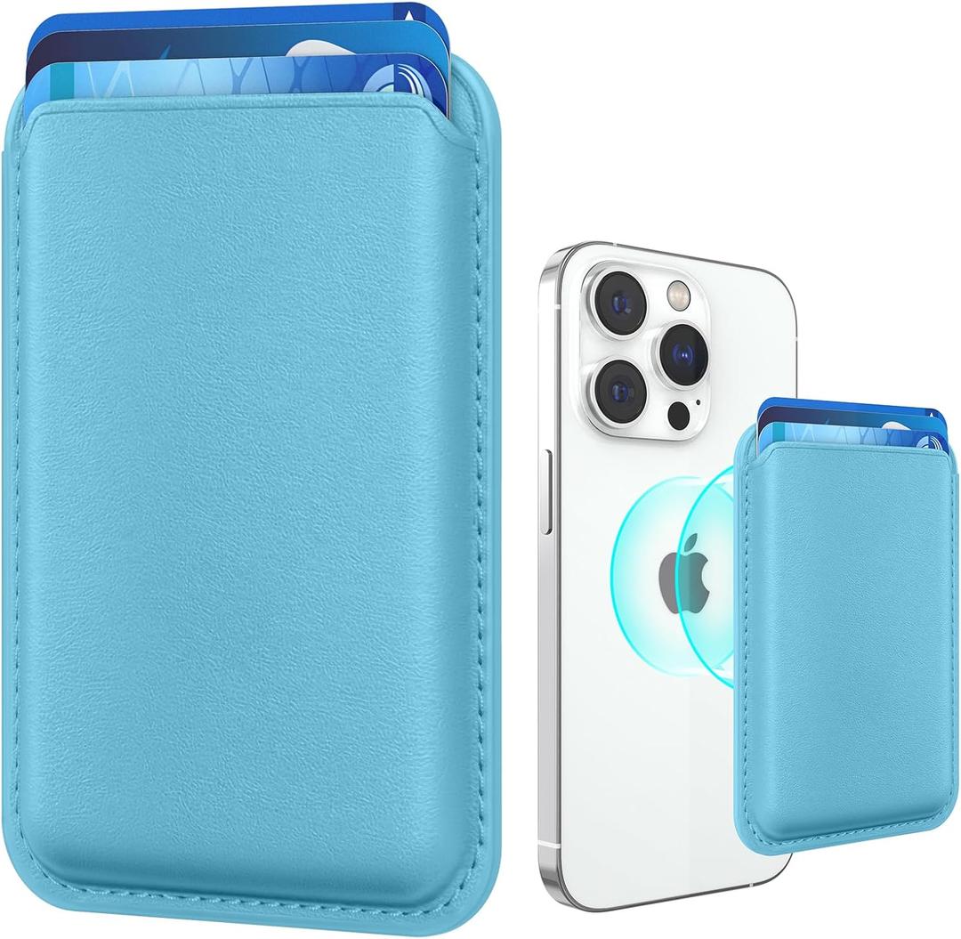 Magnetic Mag-safe Wallet Cell Phone Card Holder for Phone Case with Mag-Safe, Stronger Magnetic RFID Leather Phone Wallet Stick on Series of iPhone 15/14/13/12 and Pro/Promax, Light Blue