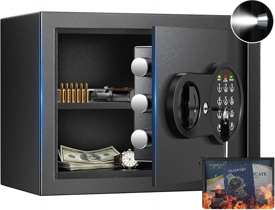Mitlvge 0.9 Cuft Small Safe Box, Money Safe with Removable Shelf, Fireproof Waterproof Bag and Programmable Keypad, Home Safe with Smart Alert and Wall Mount Kits for Money, Jewelry and Documents