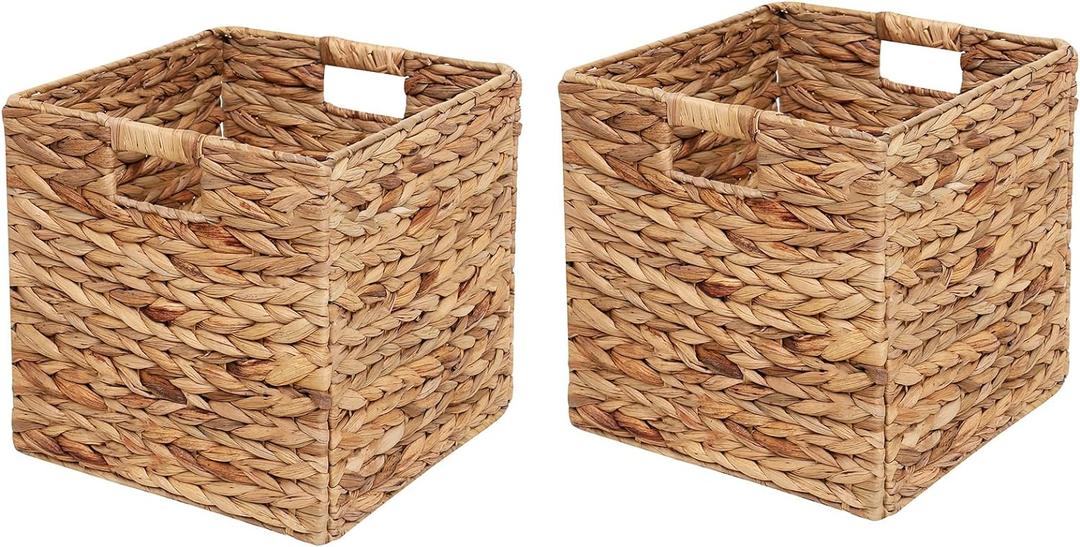 Wicker Storage Basket Water Hyacinth Woven Basket Wicker Storage Cubes,Foldable Baskets for Shelves,Handwoven Laundry Totes for Bedroom,12x12x12inch,Set of 2