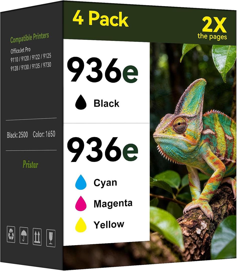 Pristar High Yield 936e 936 Ink Cartridges for HP Printers Replacement for HP 936 Ink Cartridges Combo Pack HP936 Compatible with HP Officejet Pro 9125e 9135 9120 9130 9730 Printers(4 Pack, BK/C/M/Y)