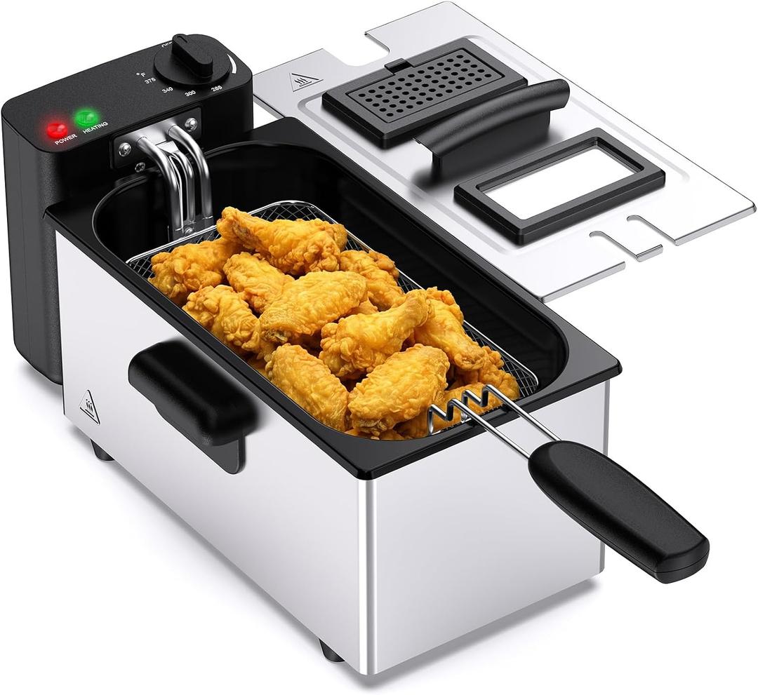 OLIXIS Deep Fryer for Home Use, Small Electric Fryer with 3 Liter Capacity, 1500W Power, 4 Adjustable Temp, Lid with Viewing Window for Fried Chicken, Shrimp, French Fries, Silver