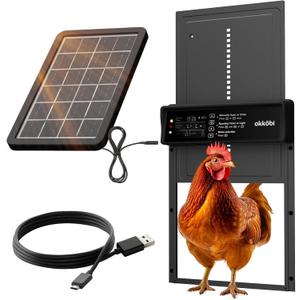 Okkobi Automatic Chicken Coop Door Solar Powered - LCD Display - Chicken Coop Door with Light Sensor & Timer - Security & Peace of Mind: Anti-Pinch Function - 5-Year Protection - Black