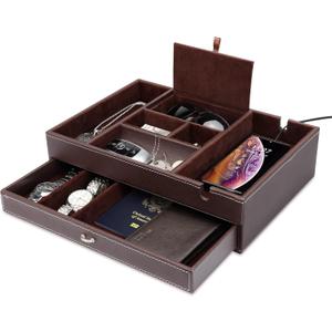 Baoyun Valet Tray for Men, 2 Layers Nightstand Organizers for Men and Women, Leather Jewelry Storage Box, Mens Dresser Top Organizer, Catch All for Jewelry Key Wallet and Phone (Brown) (Double-deck Brown)