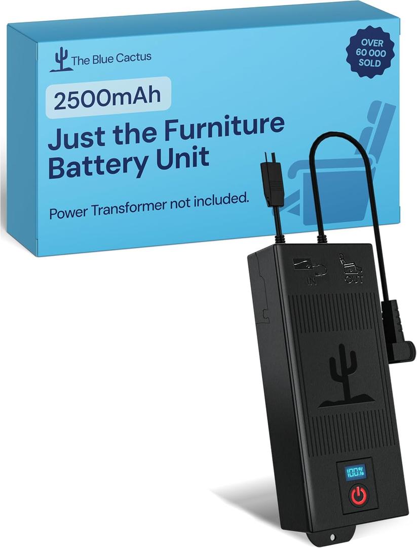 The Blue Cactus Rechargeable Battery for Reclining Furniture - 2500mAh Battery, 2-Pin Furniture Connector - Charger Not Included - Replacement Pack with LCD Display for Sofa, Couch, Recliner Chair