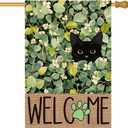 RABUSOFA Spring Summer Floral House Flag 28x40 Inch Double Sided Outside,Small Eucalyptus Black Cat Welcome Seasonal Holiday Yard Outdoor Decorations Large (Green)
