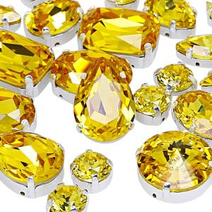 DONGZHOU Rhinestone for Crafts, 82pcs Mix Shape Sew On Crystal with Silver Claw Sewing Glass Gems for Jewelry Making Clothes Shoes Bag Decoration,Light Topaz
