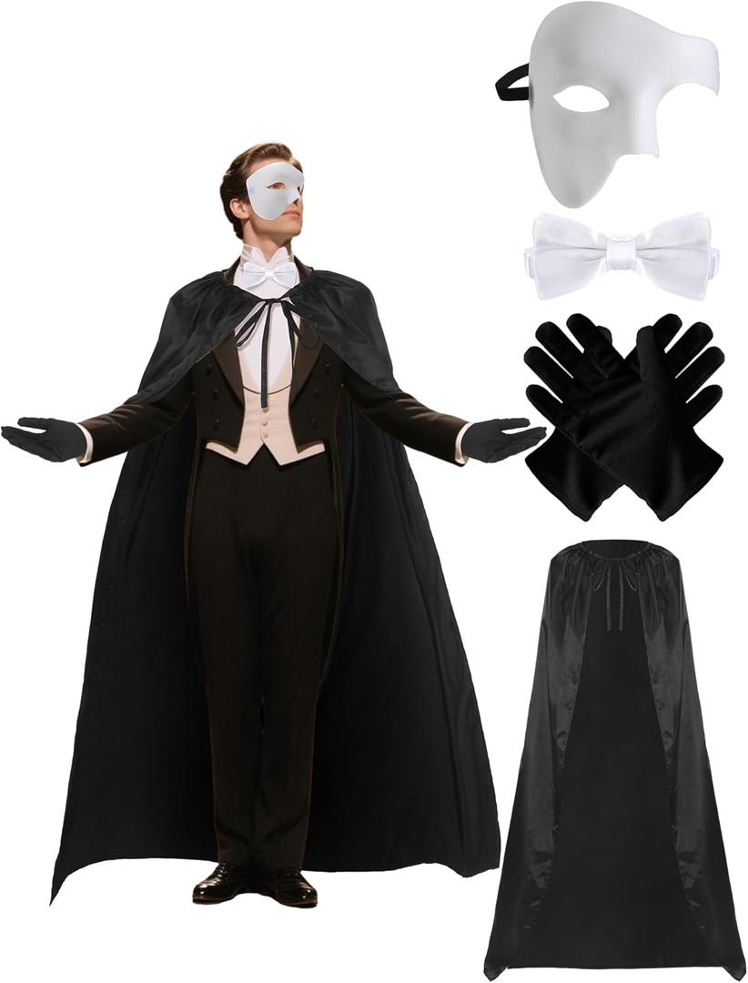 Mepase 4 Pcs Halloween Opera Masquerade Costume Accessories White Phantom Mask Black Cape Gloves Bow Tie Halloween Opera Mask Cosplay Dress up Party Masquerade Party Wear