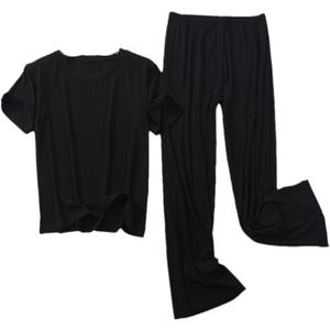 OLEETS Women's Pajamas Set - Loungewear Korean Style Ice Silk Nightshirt Women Sleepwear Short Sleeve Shirt + Trouser, Size M