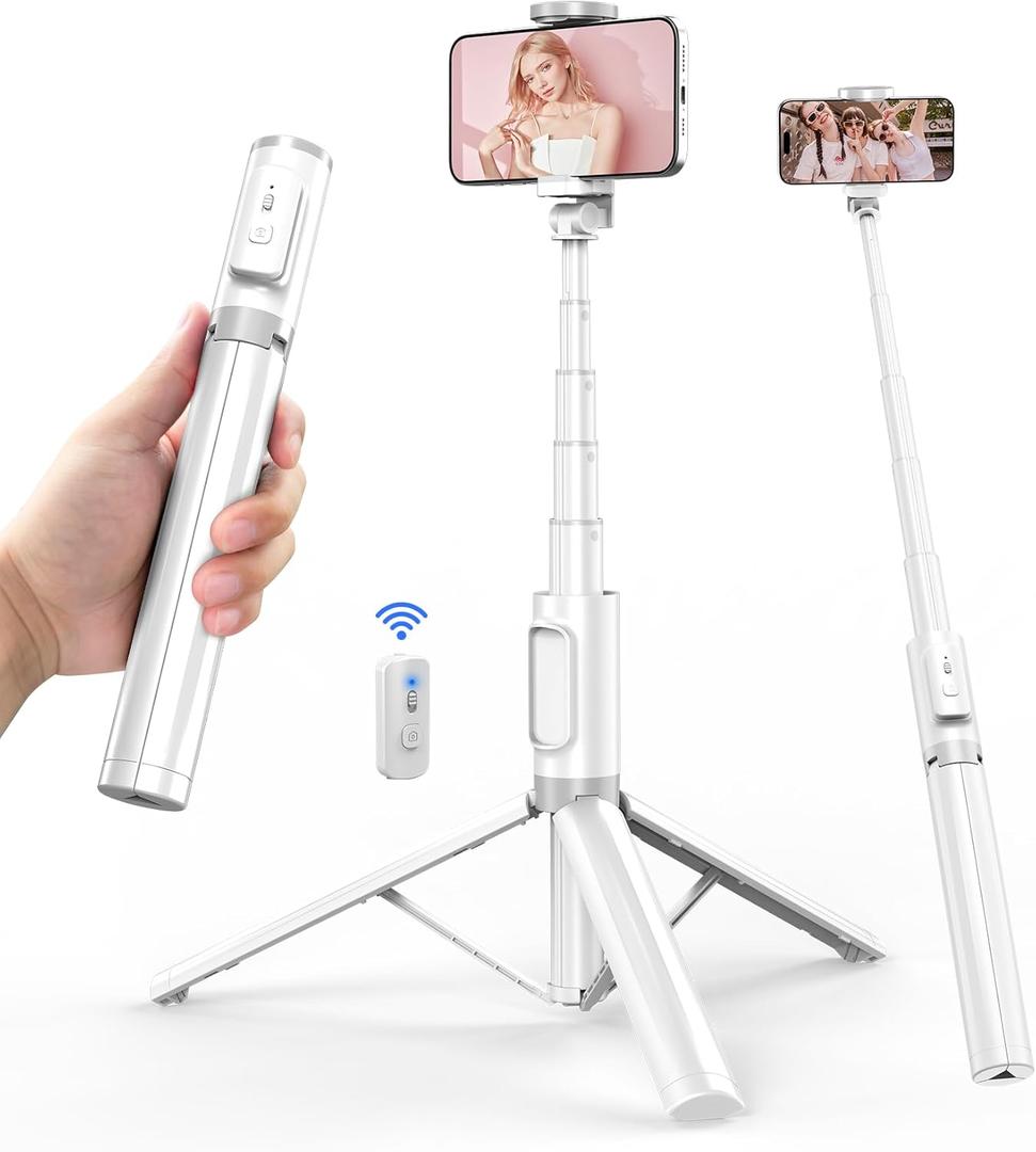 Selfie Stick Tripod - Tripod for iPhone with Remote, Lightweight Phone Stand for Android, Extendable Phone Tripods Stand Compatible with All Cell Phones for Video Recording/Photo/Live Stream/Vlog (White)