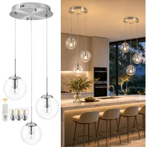 KoKo&Yukina 3-Light Brushed Nickel Globe Glass Pendant Light Modern Clear Globe Glass Chandelier Adjustable Length Pendant Lights Fixtures High Ceiling Light for Kitchen Island (Bulb & Remote Incl.), Globe, 3-Light, D11.8"