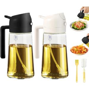 2pcs Oil Sprayer for Cooking, 16oz/470ml Oil Dispenser for Kitchen, 2 in 1 Olive Oil Dispenser Bottle for Kitchen Gadgets, Air Fryer, Salad, BBQ (Black, Ivory)
