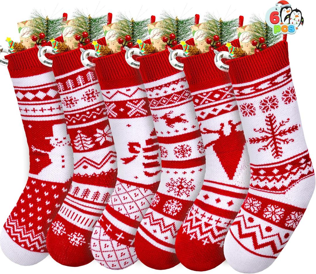 JOYIN 6 Pack 18" Christmas Knit Stockings, Large Rustic Yarn Xmas Stockings Bulk, Cable Knit Xmas Stockings with Snowflake Snowman Reindeer Character for Christmas Tree Fireplace Holiday Decorations