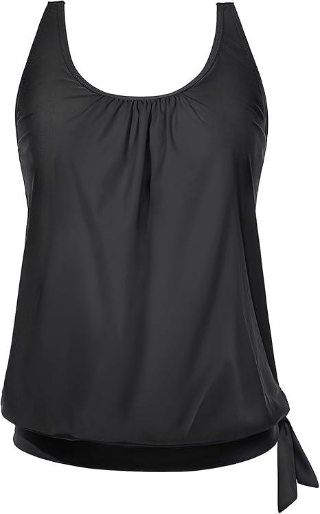Yonique Womens Blouson Tankini Top Only Loose Fit Swim Top No Bottom Modest Swimsuit XXL, Black