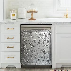 Stainless Steel Bird and Flower Pattern Kitchen Dishwasher Decor Magnet Cover, Vintage Style Vinyl Fridge Magnetic Sticker Full for Kitchen, Easy Clean Dish Washer Door Decals 23 W x 26 H