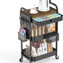 ALVOROG Rolling Cart with Drawer and Wood Table Top, 3 Tier Metal Rolling Utility Cart on Wheels with DIY Pegboards, Hanging Baskets, Hooks for Bedroom,Office,Craft Supplies (Black)