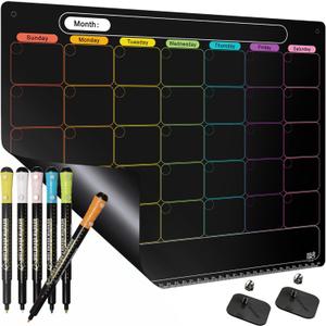 MAG-FANCY Magnetic Calendar for Refrigerator Dry Erase Calendar Black Monthly Chalkboard Planning Board 6 Fine Tip Wet Erase Markers & Mounts for Wall Hanging