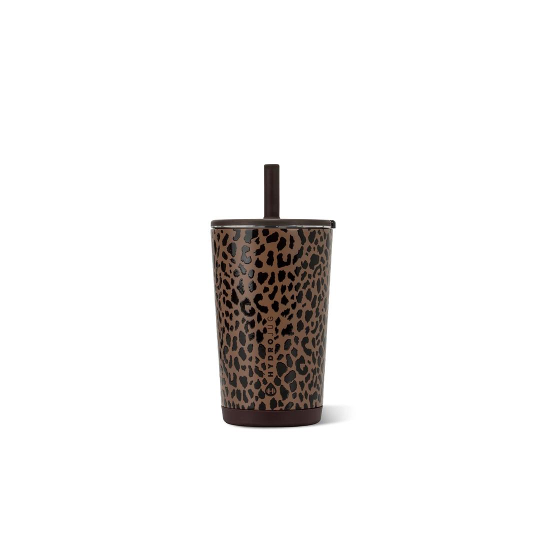 HydroJug Everyday Tumbler 14 oz, Ceramic-Lined Straw Cup, Brown Leopard