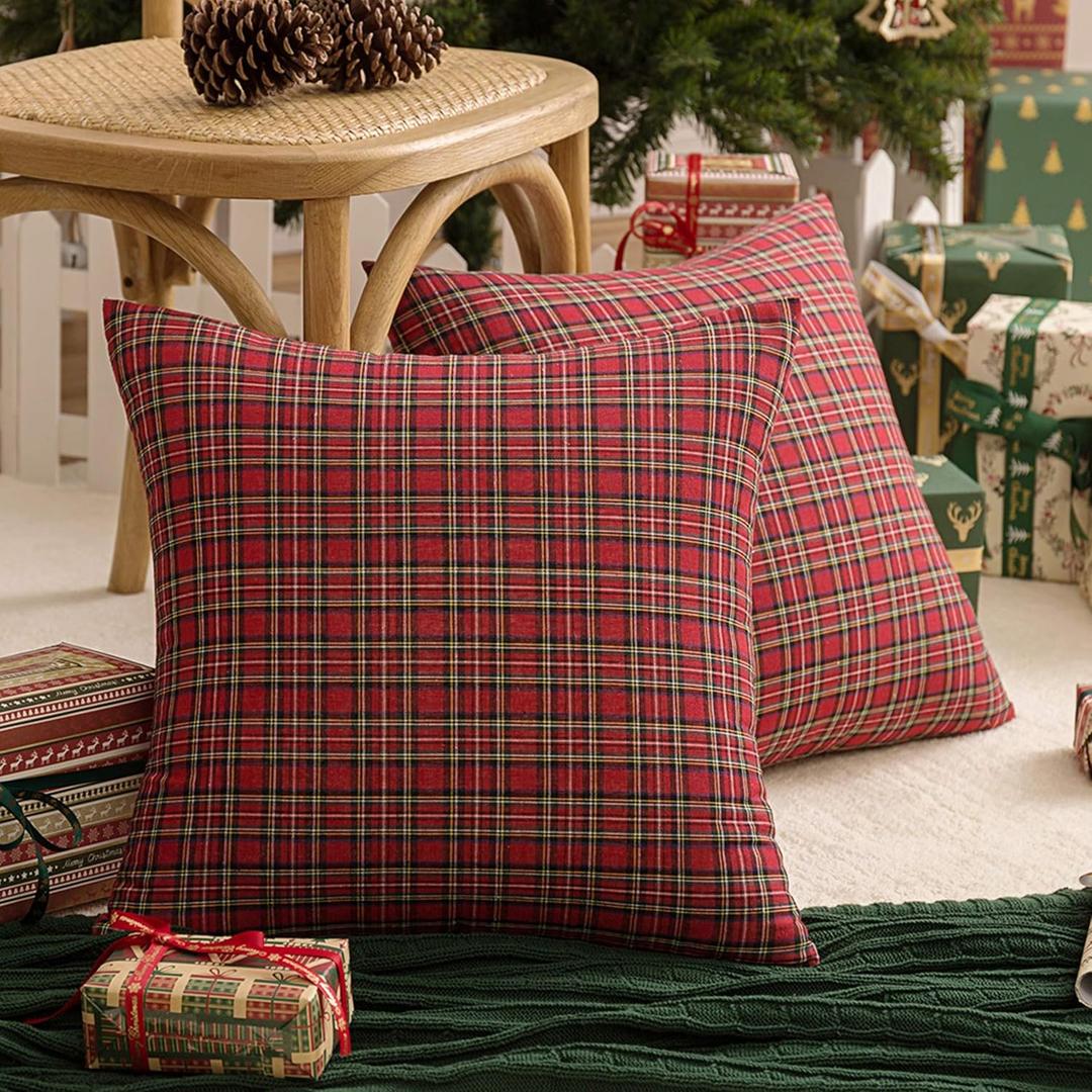AQOTHES Pack of 2 Christmas Plaid Decorative Throw Pillow Covers Scottish Tartan Cushion Case for Farmhouse Home Holiday Decor Red and Green, 20 x 20 Inches