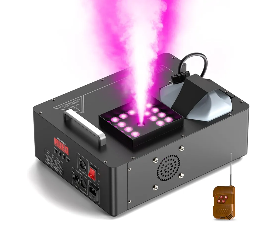 1500W Fog Machine with Lights 24 RGB LED Stage Smoke Machine Vertical Halloween Smoke Machine DMX/Wireless/Manual Control 2.5 Liters with 20000 CFM for Wedding Christmas Party Outdoor Indoor