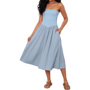 Livtany Women Off Shoulder Midi Dress Strapless Sleeveless Drop-Waist A Line Tube Dress Trendy Summer Swing Patchwork Dress (Blue) M/L