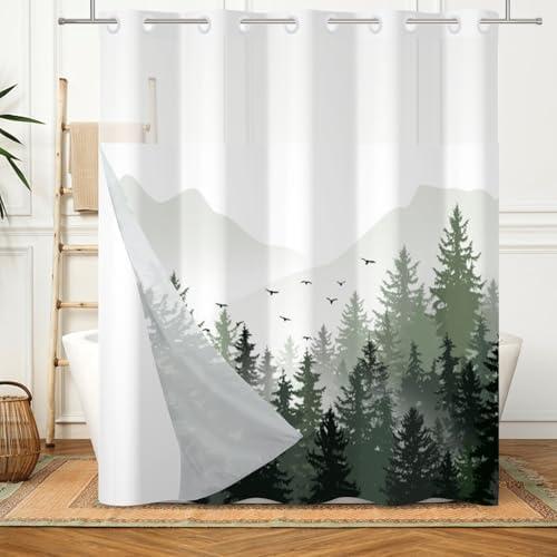 Lexfvpoo No Hook Shower Curtain with Snap in Liner Green Misty Forest Shower Curtains for Bathroom Nature Woodland No Hooks Shower Curtain Set Decorative Bath Curtain for Home Waterproof 71x74 Inch