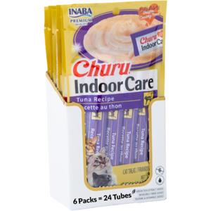 INABA Churu Indoor Care for Hairball Control, Functional Lickable Cat Treat with Taurine & Green Tea Extract, 0.5oz Each, 24 Tubes Total, Tuna Recipe (EXP 08/14/27)