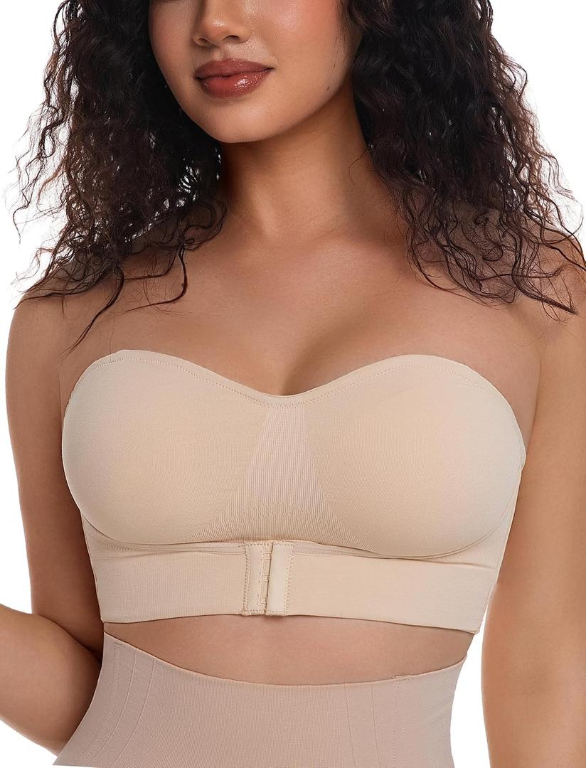 PRETTYWELL Strapless Bra Push Up Bandeau Bras for Women Front Hook Tube Top Bra Non-Slip Seamless Padded Wireless Invisible (Beige, S)