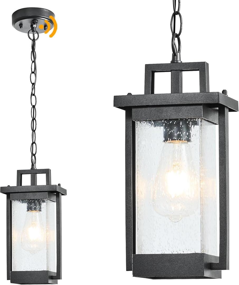 Outdoor Pendant Light Fixture with Dusk to Dawn Sensor, Large Outdoor Hanging Light Exterior Lantern, Modern Black Anti-Rust Metal Morden Chandelier for Front Door Entryway Porch (Black) (Black-bubble glass)