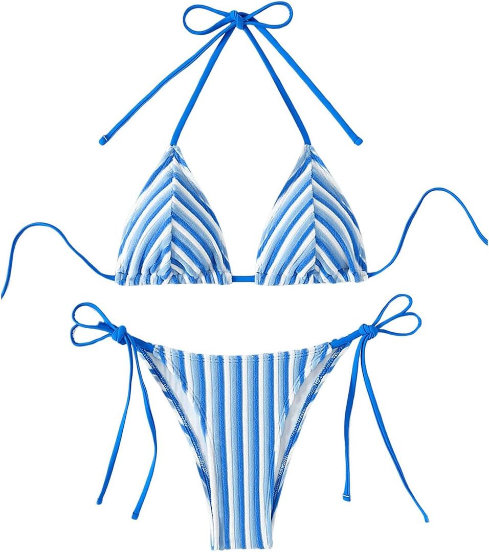 SHENHE Women's 2 Piece Swimsuit Floral Print Halter Tie Side Triangle Bikini Set (Medium)