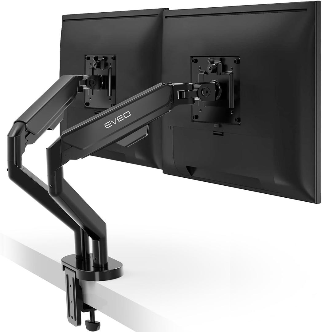 EVEO Premium Dual Monitor Mount 14"-35" Dual Monitor Arm VESA Bracket Adjustable Height Gas Spring Dual Monitor Stand, Screen Full Motion Dual Monitor Arm-Computer Monitor Stand for 2 Screens - Black (Dual Monitor Mount, Black)