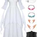 Oumbivil 7 Pcs Women Renaissance Dress Adult Pirate Costume Medieval Viking Fairy Victorian Cottagecore Corset (White, XXXL)