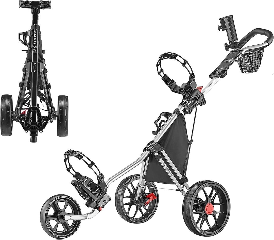 CaddyTek 3 Wheel Golf Push Cart - Lightweight, Close Folding Push Pull Caddy Cart, Easy to Open - CaddyLite 11.5 V3 (Silver)