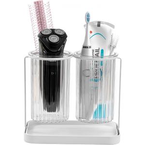 Toothbrush Holders with Drain Tray, 2 Slots Hanging Toothbrush and Toothpaste Holder Organizer Bathroom Caddy Countertop for Toothpaste, Razors, Electric Toothbrush - Clear