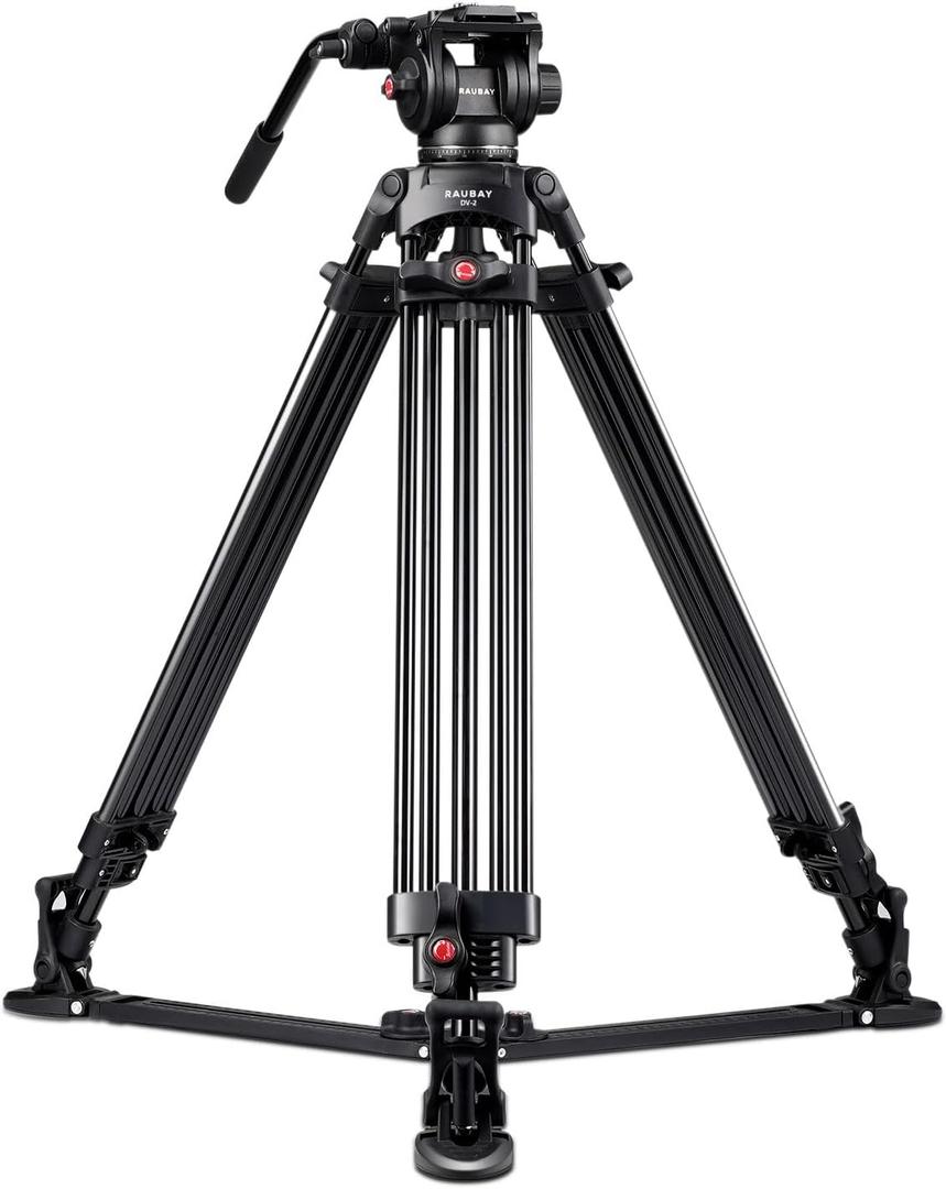 RAUBAY 69" Fluid Head Video Camera Tripod, Heavy Duty Camera Stands for Canon Nikon Sony DSLR, Camcorder, Digital Cine with Ground Spreader, Aluminium Twin Leg, QR Plate, Max Load 17.6lbs (DV-2)