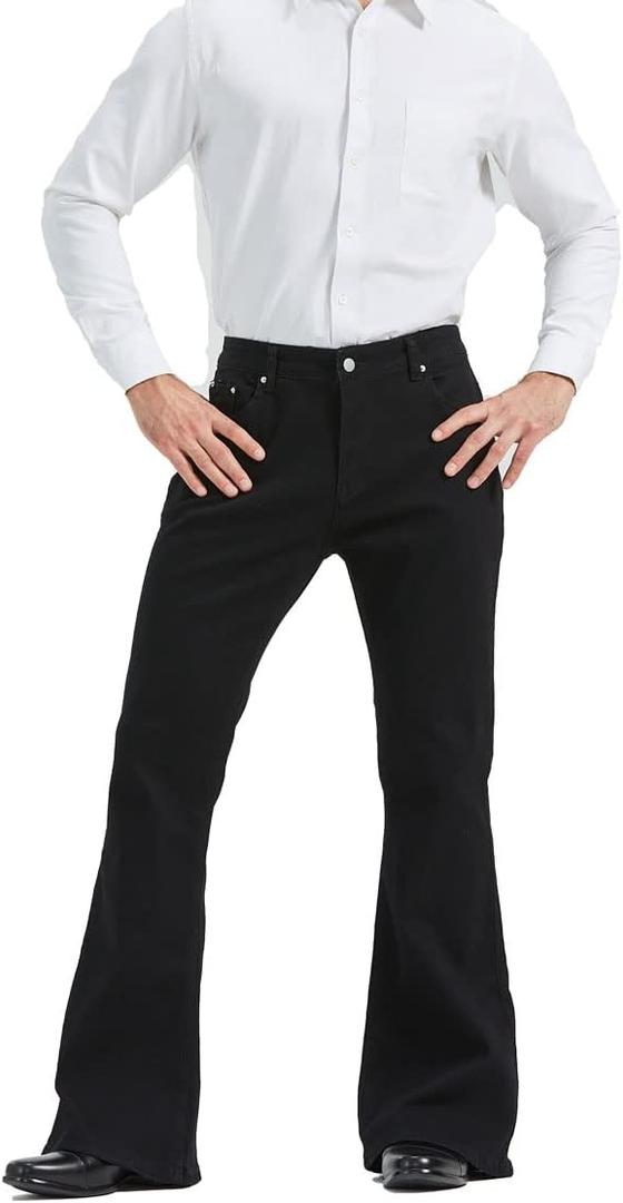 Men's Relaxed Vintage 60s 70s Bell Bottom Stretch Fit Classic Comfort Flared Flares Retro Leg Disco Denim Jeans Pants (Medium, Black)