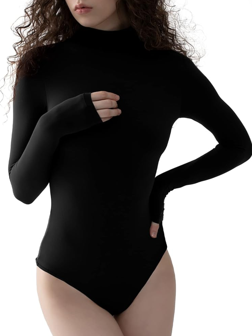 PUMIEY Women's Long Sleeve Bodysuit Mock Turtle Neck Body Suits Going Out Tops Sharp Collection M