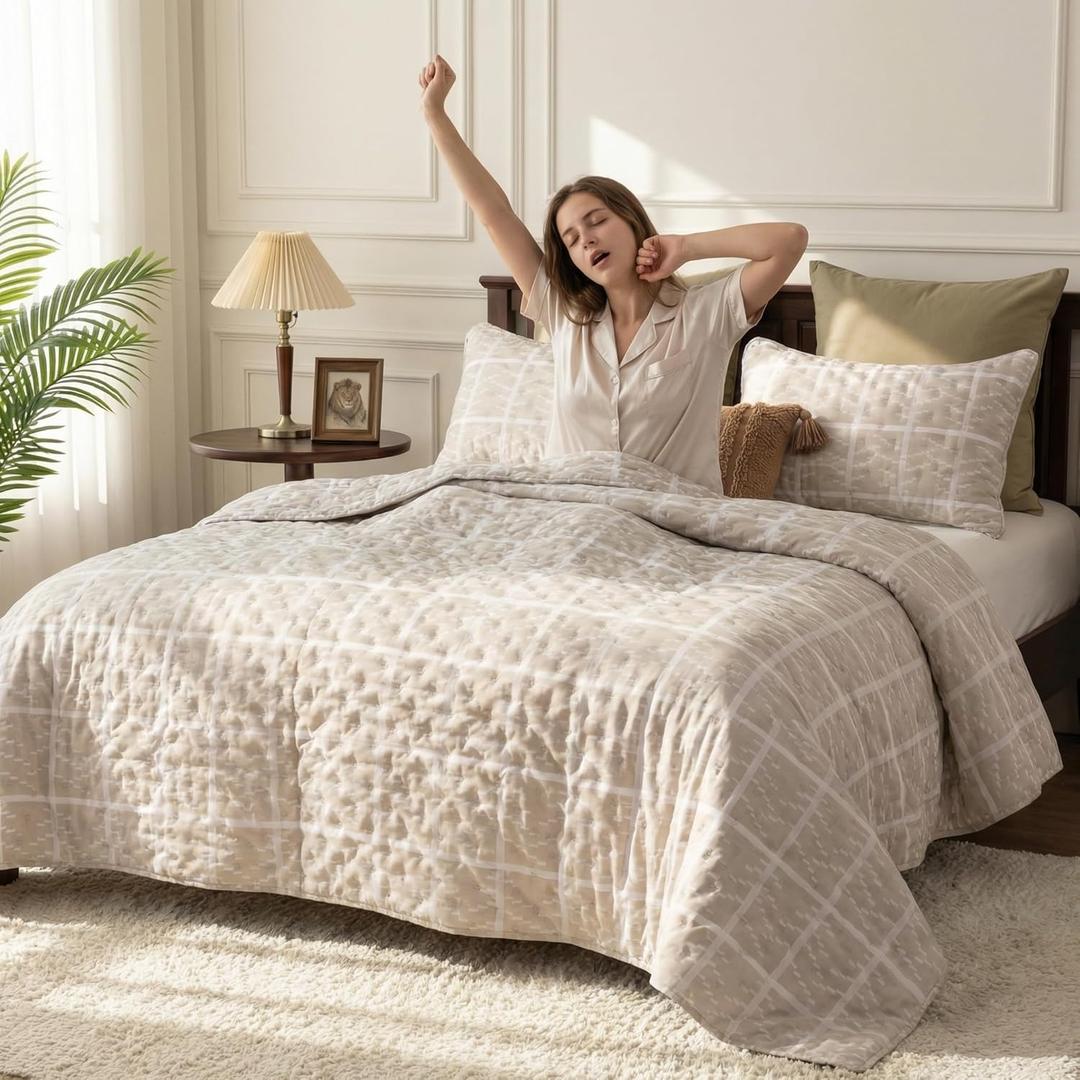 BOV Beige Cream Tan Queen Size Quilts Bedding Sets, Neutral Lightweight Soft Bedspread Coverlet with 2 Pillow Shams, Quilted Blanket Thin Comforter Bed Cover for All Season, 3 Pieces, 92x90 inches