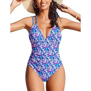 AI'MAGE Womens One Piece Swimsuit V Neck Ruched Bathing Suit Double Straps Crisscross Back Floral Print Swimwear (Royal Blue Floral, Medium)