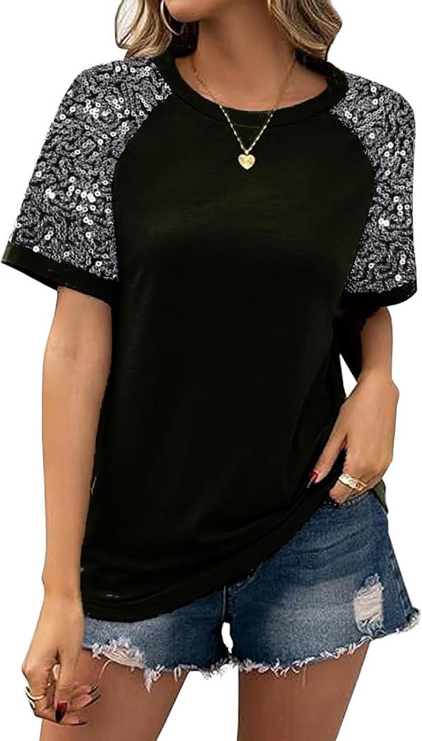 Women Sequined Splicing Short Sleeve T-Shirt Fashion Sparkle Sequin Party Tops Glitter Summer Beach Vacation Tee Shirt (Small, Black)