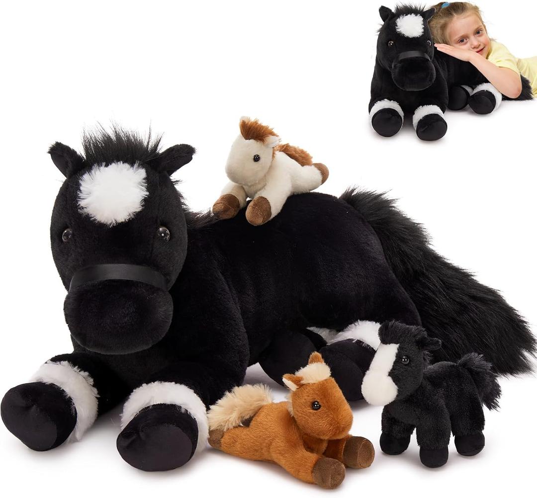 MaoGoLan 4 Pcs Horse Stuffed Animal Set, Large Stuffed Mommy Horse with Babies Pony Plush Toy for Girl Boy Kid, Pony Stuffed Animal for Easter Birthday Baby Shower Decor, 18 inches