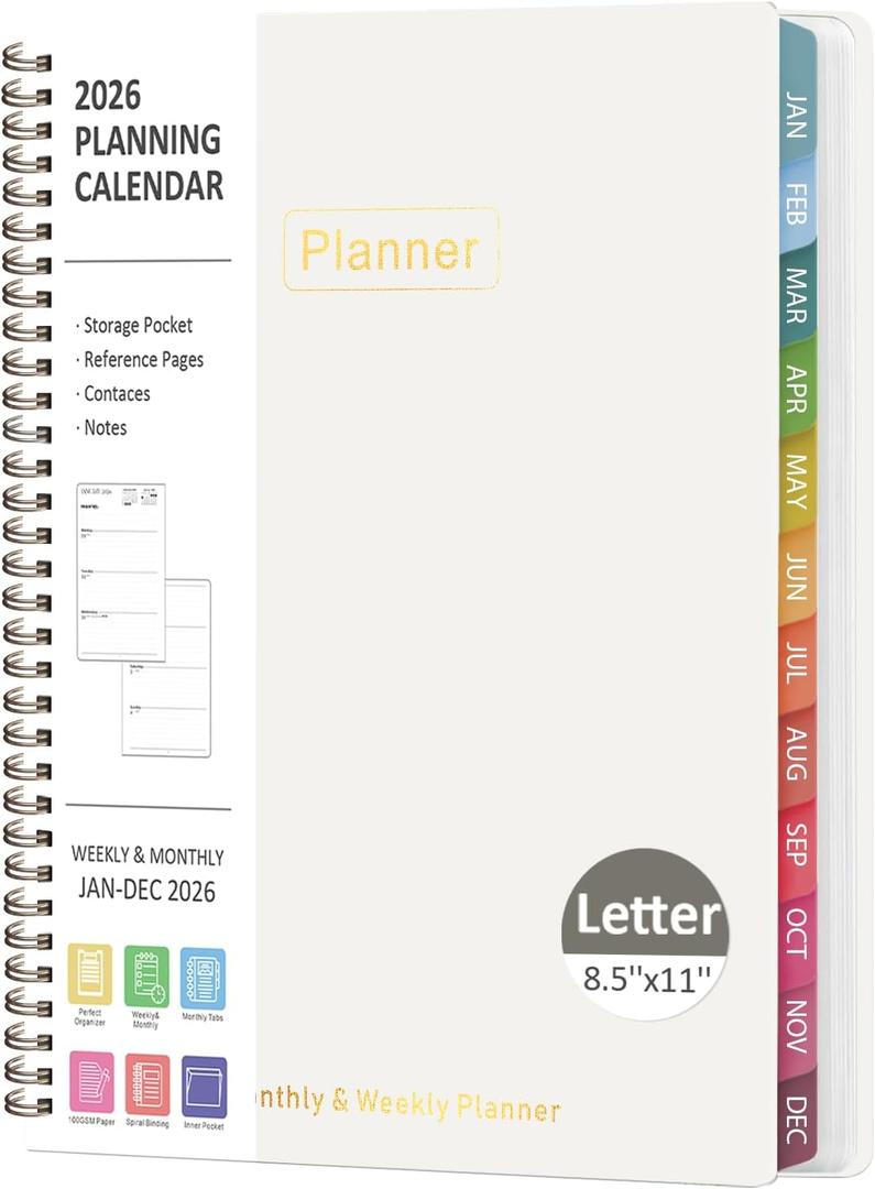 2026 Planner, 8.5" x 11" Weekly and Monthly Large Calendar Planner, Letter Size, Jan - Dec 2026, Hardcover Daily Agenda and Organizers for School Essentials & Office Supplies