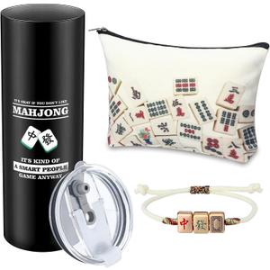3 Pcs Valentine's Mahjong Gifts for Women Men 20oz Stainless Steel Insulated Tumbler Mahjong Coin Purse Cosmetic Bag Lucky Bracelet for Lover Player Friends Birthday New Year Gift