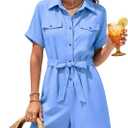 ZWRXW Summer Rompers for Women Linen Cargo Jumpsuit V Neck Short Sleeve Button Up Short Jumpsuit Overalls Vacation Outfits (Blue, L)