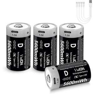 Rechargeable D Batteries 1.5V 5600mWh Lithium-ion Batteries with 4 in 1 USB-C Charging Cable, D Li-ion Batteries 1000 Cycles for Flashlight, Water Heater, Gas Stove (4 Pack)