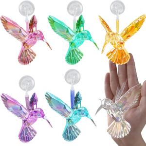6 Pcs in 6 Colors Set Shiny Iridescent Hummingbird Hanging Ornaments with Suction Cup, Clear Acrylic Crystal Art Hummingbird Figurines Pendants Decorations for Christmas Xmas Tree.