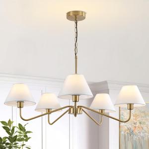 31.5" Gold Chandelier, 5-Light Brass Modern Chandeliers with White Fabric Shade, Classic Farmhouse Ceiling Light Fixture, Adjustable Pendant Light for Kitchen Island Dining Room Bedroom Entryway Foyer