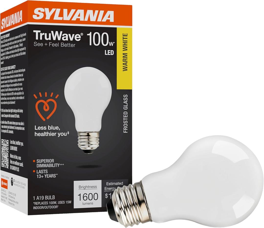 Sylvania LED TruWave Natural Series A19 Light Bulb, 100W Equivalent, Efficient 15W, 1600 Lumens, Medium Base, Dimmable, Frosted, 3000K, Warm White - 1 Pack (42295)