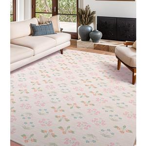 YIHOUSE Pink Floral Washable Area Rug 6'x9'- Large Colorful Living Room Rug Ultra-Thin Non-Slip Area Rug for Bedroom, Nursery Room, Kids Room (Pink, 6x9ft)